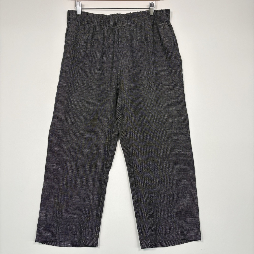 Eileen Fisher Womens Pants S Black White Linen Tencel Wide Leg Elastic Waist